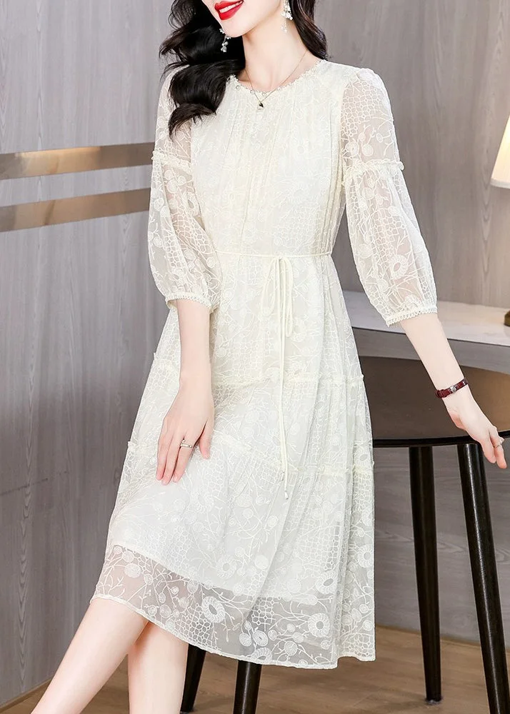 Unique Beige Embroidered Wrinkled Patchwork Silk Dress Summer