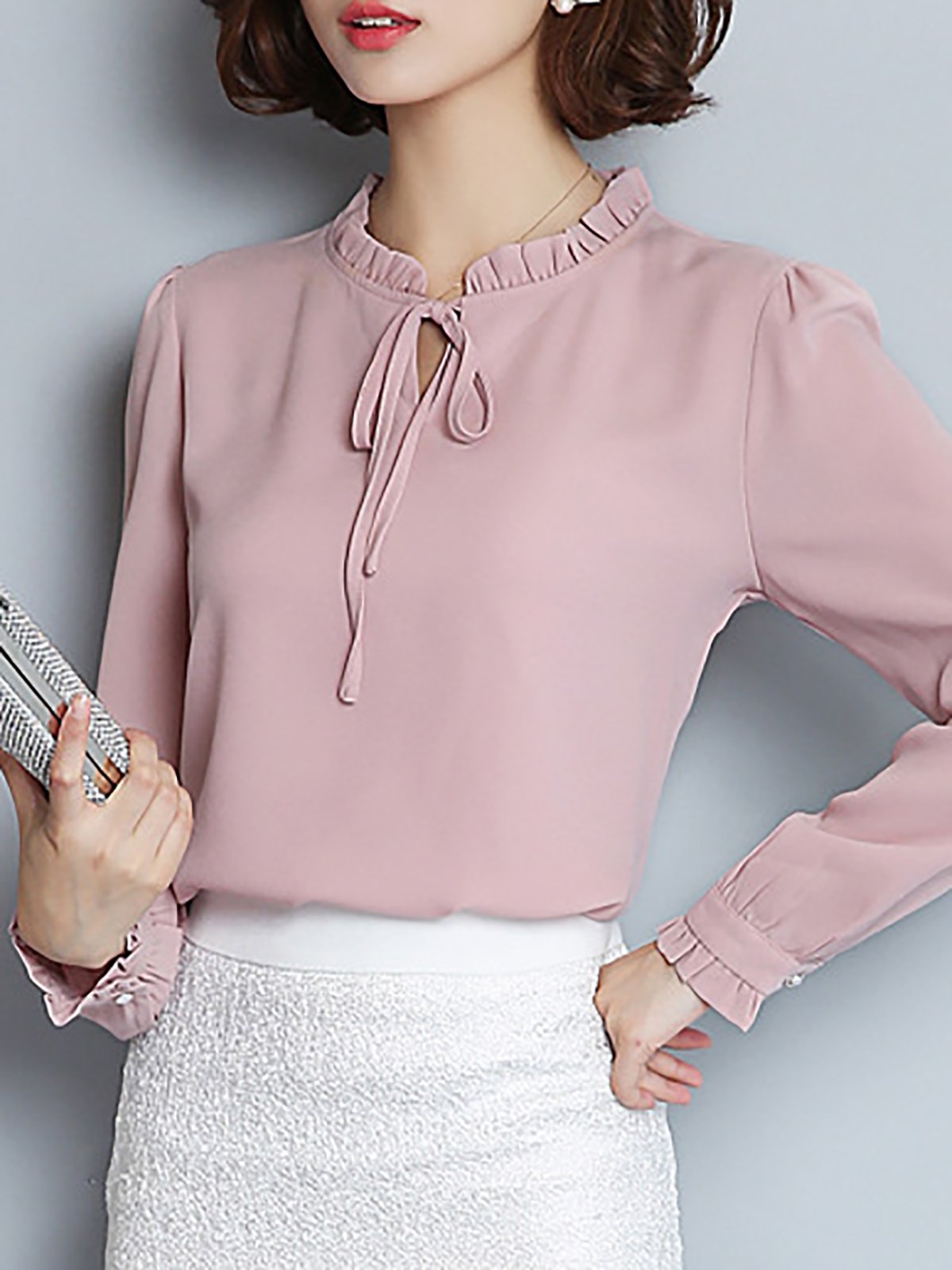 Pink Elegant Bow Plain Blouse