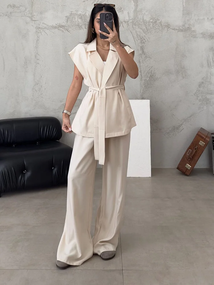  Lace-Up Cardigan High-Waisted Pants Suit