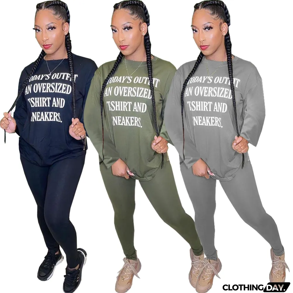 Autumn Two Piece Matching Print Shirt and Tight Pants Set