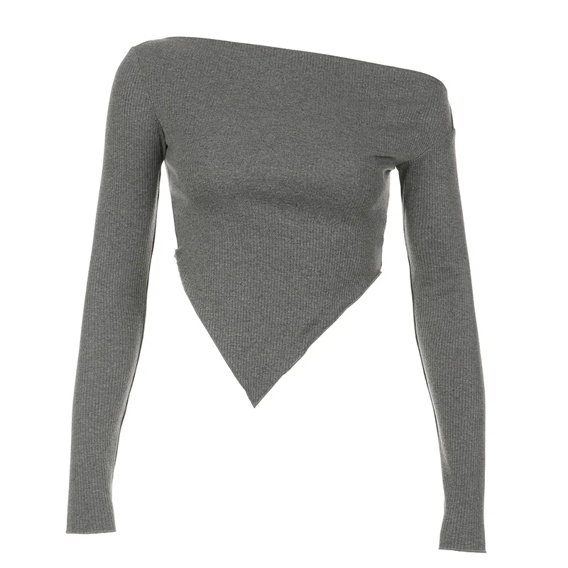 Ueong Design Square Towel Hem Hot Girl Shoulder-Tight Solid Color Long-Sleeved T-Shirt 2024 Spring / Summer New Style