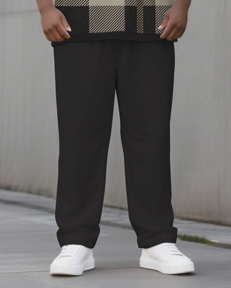 Big & Tall Men's Black Khaka Printed POLO V-neck Long Sleeve Pants Two-piece Set