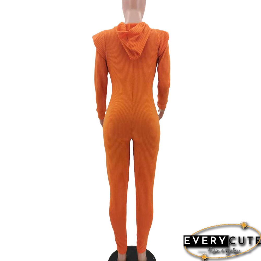Knitted Long Sleeve Shoulder Padded Hooded Jumpsuit