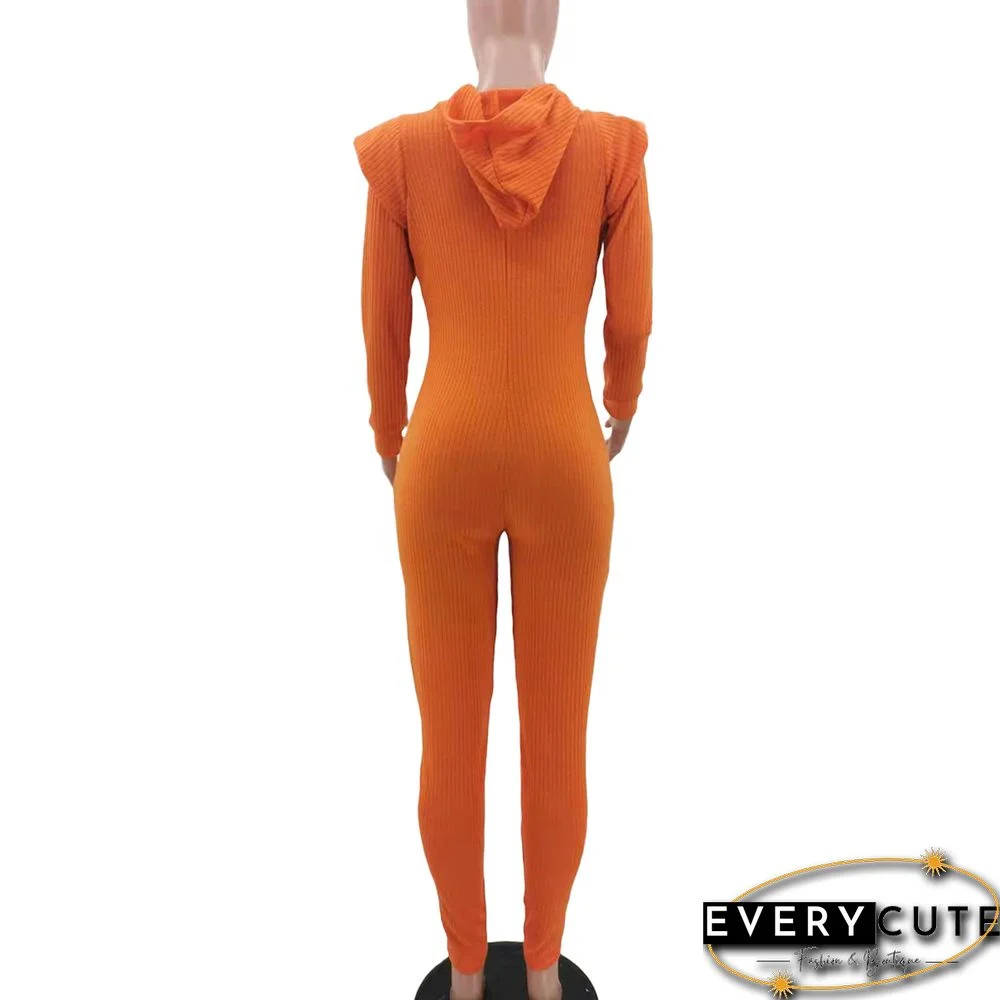 Knitted Long Sleeve Shoulder Padded Hooded Jumpsuit