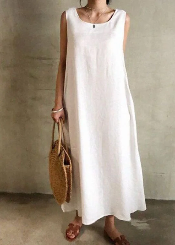 Women White O Neck Patchwork Cotton Maxi Dress Sleeveless