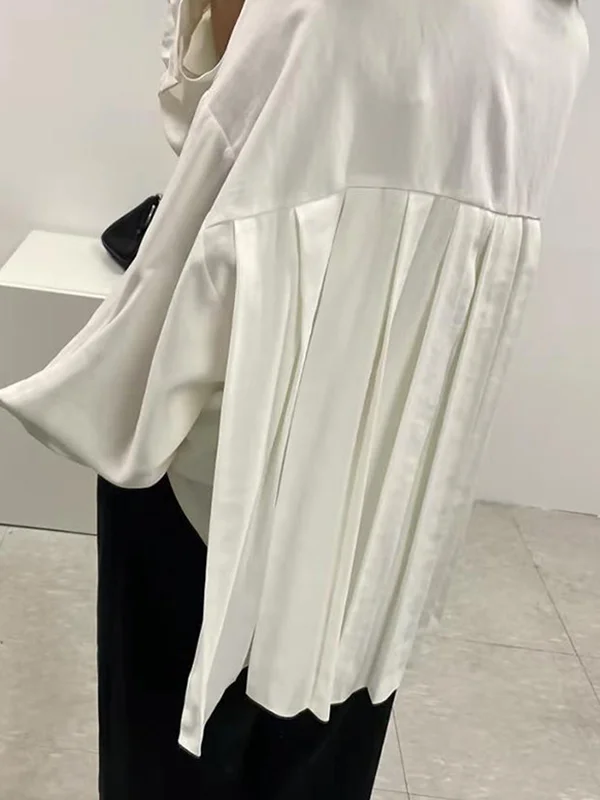 Long Sleeves Loose Bow-Embellished Pleated Solid Color Split-Joint Scarf Collar Blouses&Shirts Tops main image 0