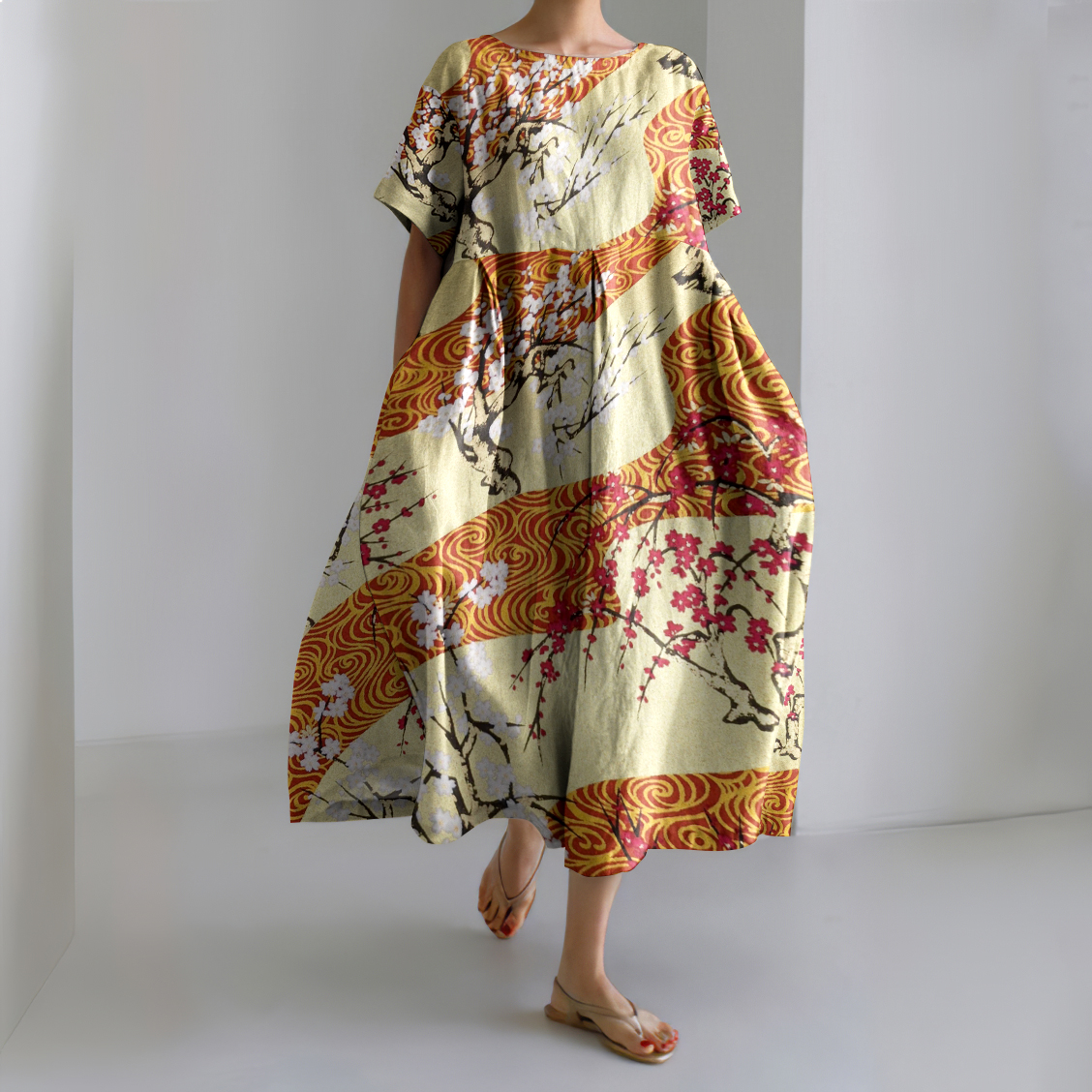 Comstylish Japanese Art Cherry & Plum Blossom Trees on Red Gold Painting Print Linen Blend Dress