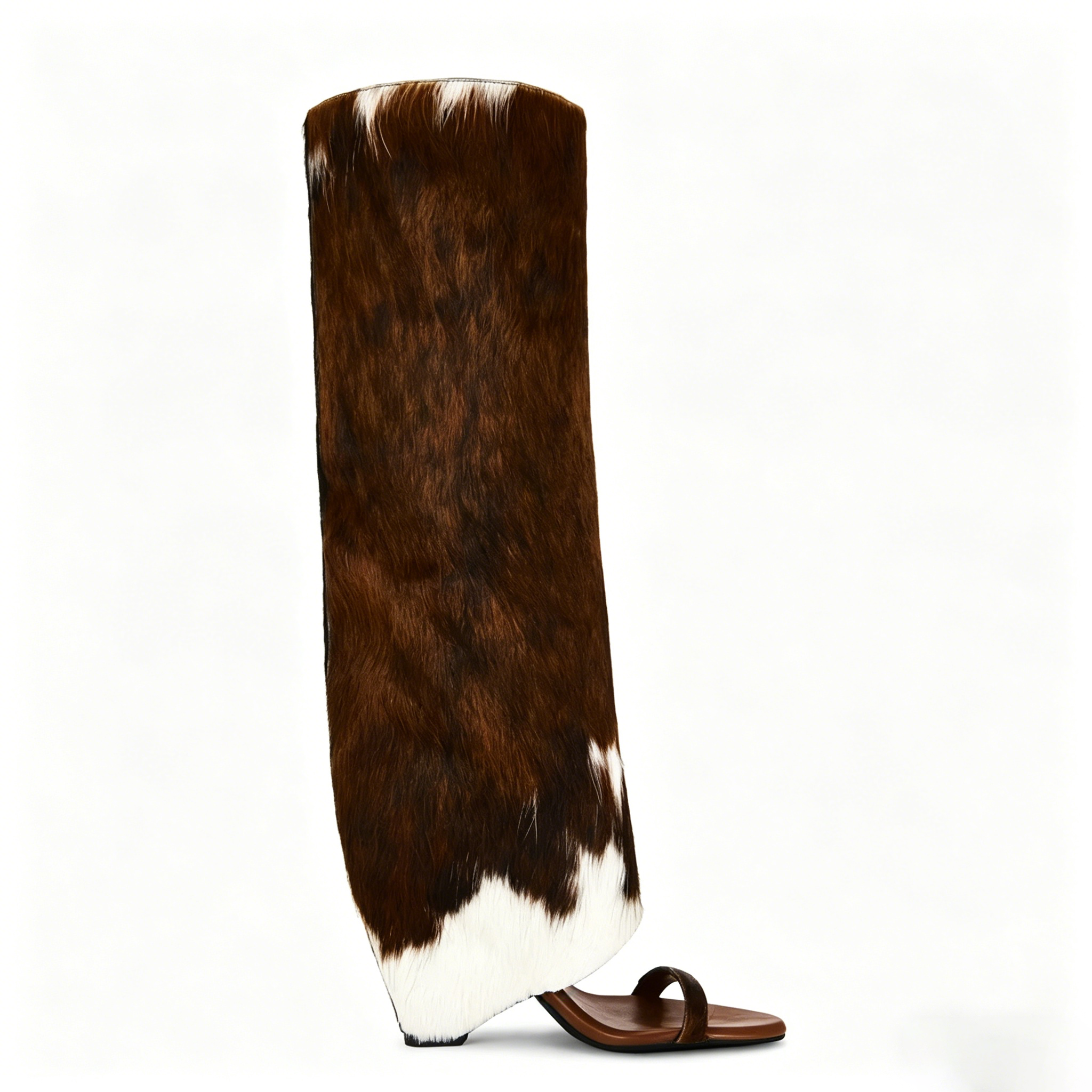 Brown Faux Horsehair Wedge Boots Female Sexy Open Toe Dyed Cow Print High Heels Patchwork Pull On Block Heel Knee High Boots  highheelher