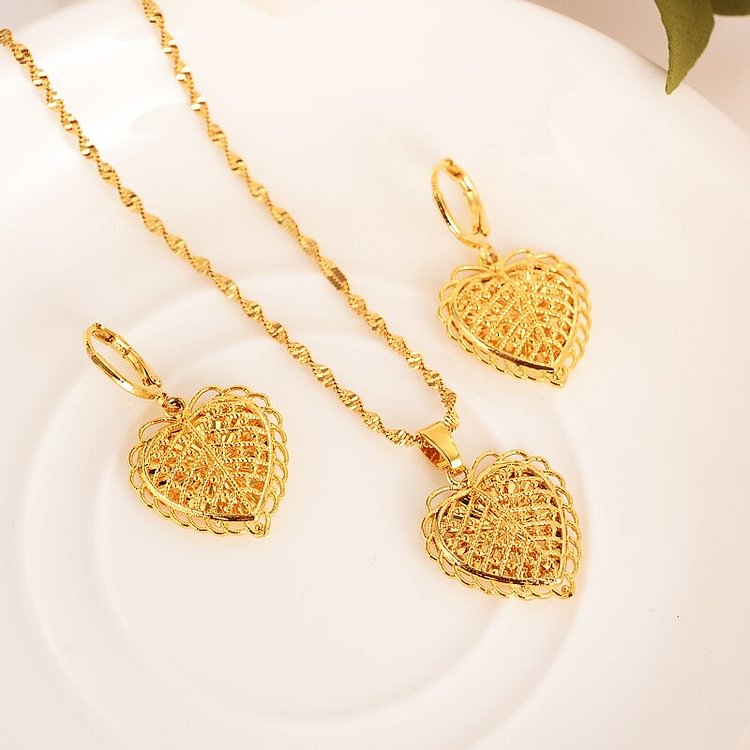 24k Fashion Gold Dubai Romantic Heart love Pendant Necklace Earrings Sets