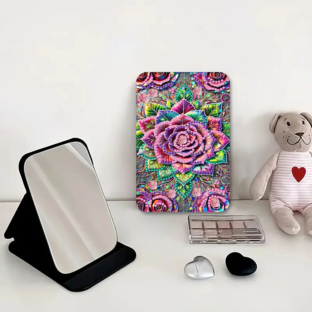 DIY Diamond Art Shiny Crystal Mirror Lightweight Standing Makeup Mirror (Rose)