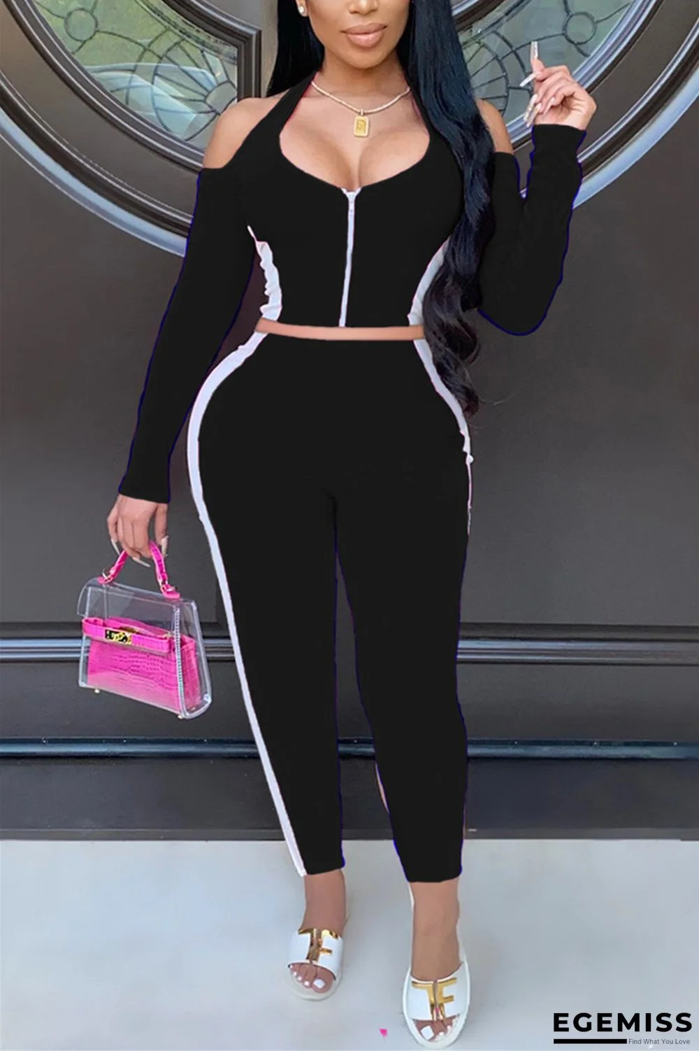 Black Sexy Casual Spandex Twilled Satin Patchwork Solid Patchwork Zipper Collar Long Sleeve Cold Shoulder Short Two Pieces | EGEMISS