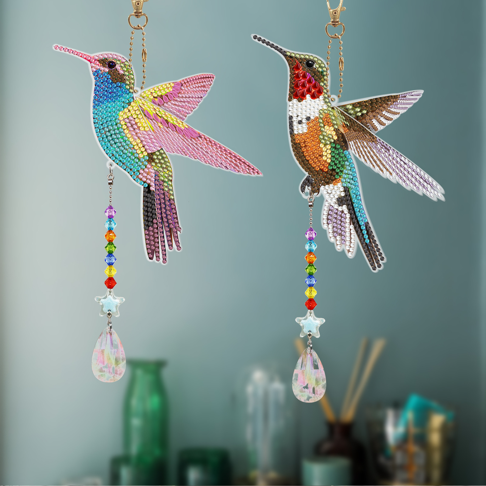 Diamond painting DIY hummingbird keychain hanging decoration, handmade diamond painting, wind chime cross-border new model