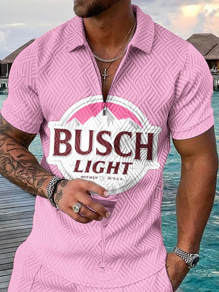 Men's Casual Printed Short Sleeve Lapel Zipper Polo Shirts