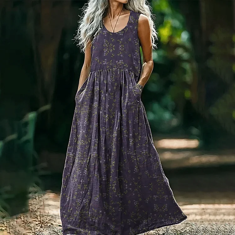 Women's Retro Floral Art Sleeveless Linen V-neck Maxi Dress