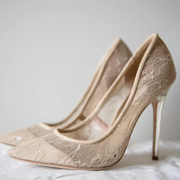 Nude Lace Pointy Toe Stiletto Wedding Pumps Vdcoo