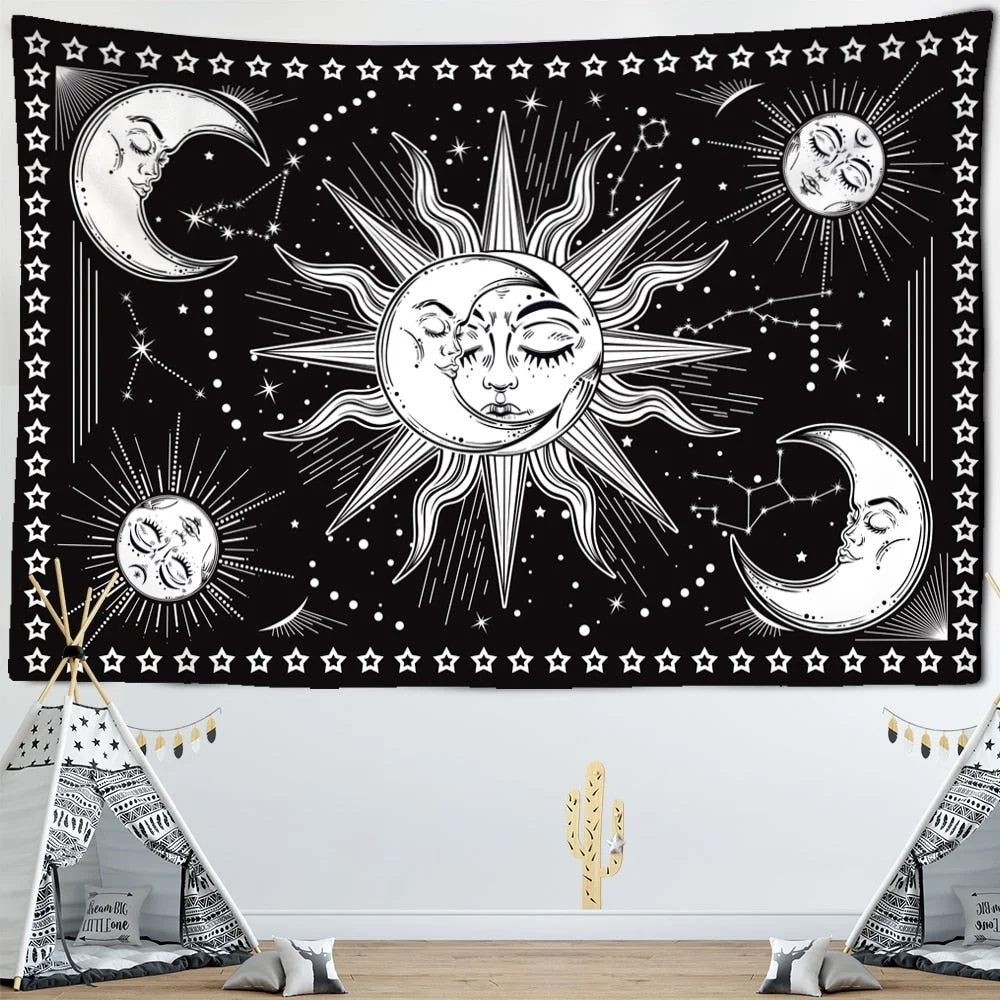 Black And White Sun Moon Mandala Tapestry Wall Hanging Bohemian Witchcraft Hippie Dormitory Psychedelic Room Decor