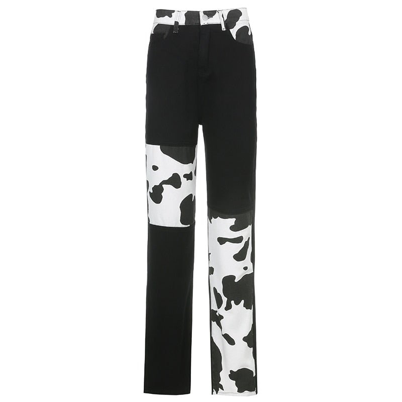 HEYounGIRL Patchwork Cow Print Jeans Women Casual High Waisted Pants Capris Harajuku 90s Black Long Trousers Ladies Street