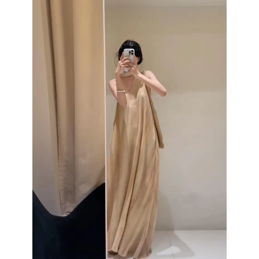 Churchf Churchf Vacation Fainting V-Neck Hanging Neck Dress Loose Belly Sleeveless Sleeve Sling Vest Long Dress