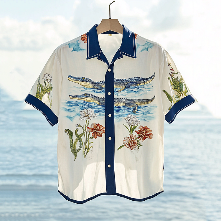 Simpfit Herren Flower Hawaii Crocodile Art Nachahmung aus Nachahmung aus Baumwolle und Leinen Gemütliches Hemd