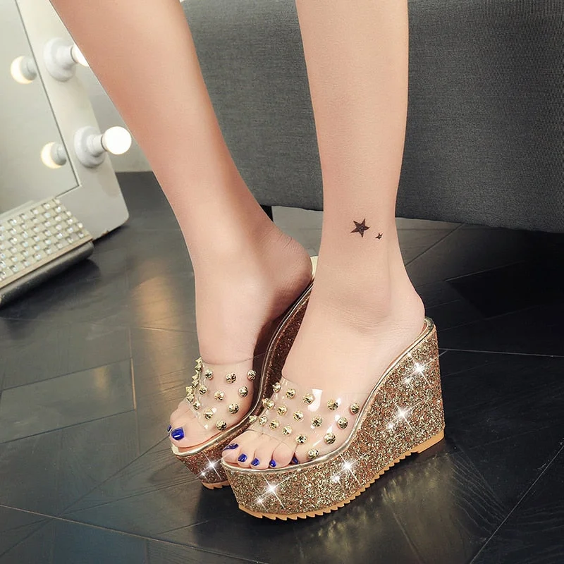 Lucyever Women Sandals Rivets Transparent Peep Toe High Heels Sandals Fashion Ladies Glitter Platform Wedges Summer Slides