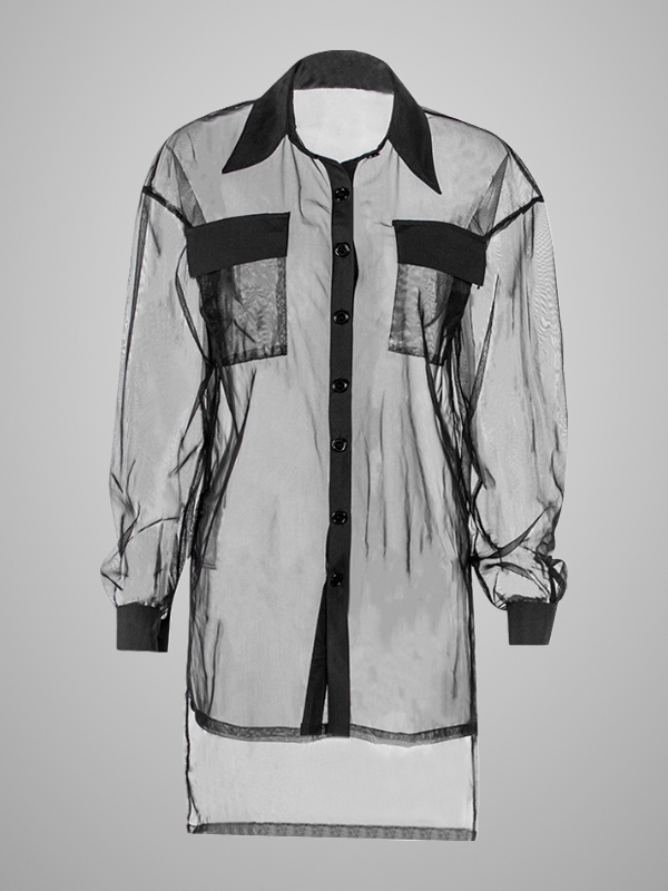 See Through Mesh Buttoned Pockets Asymmetrical Shirt Collar Long Sleeve Top