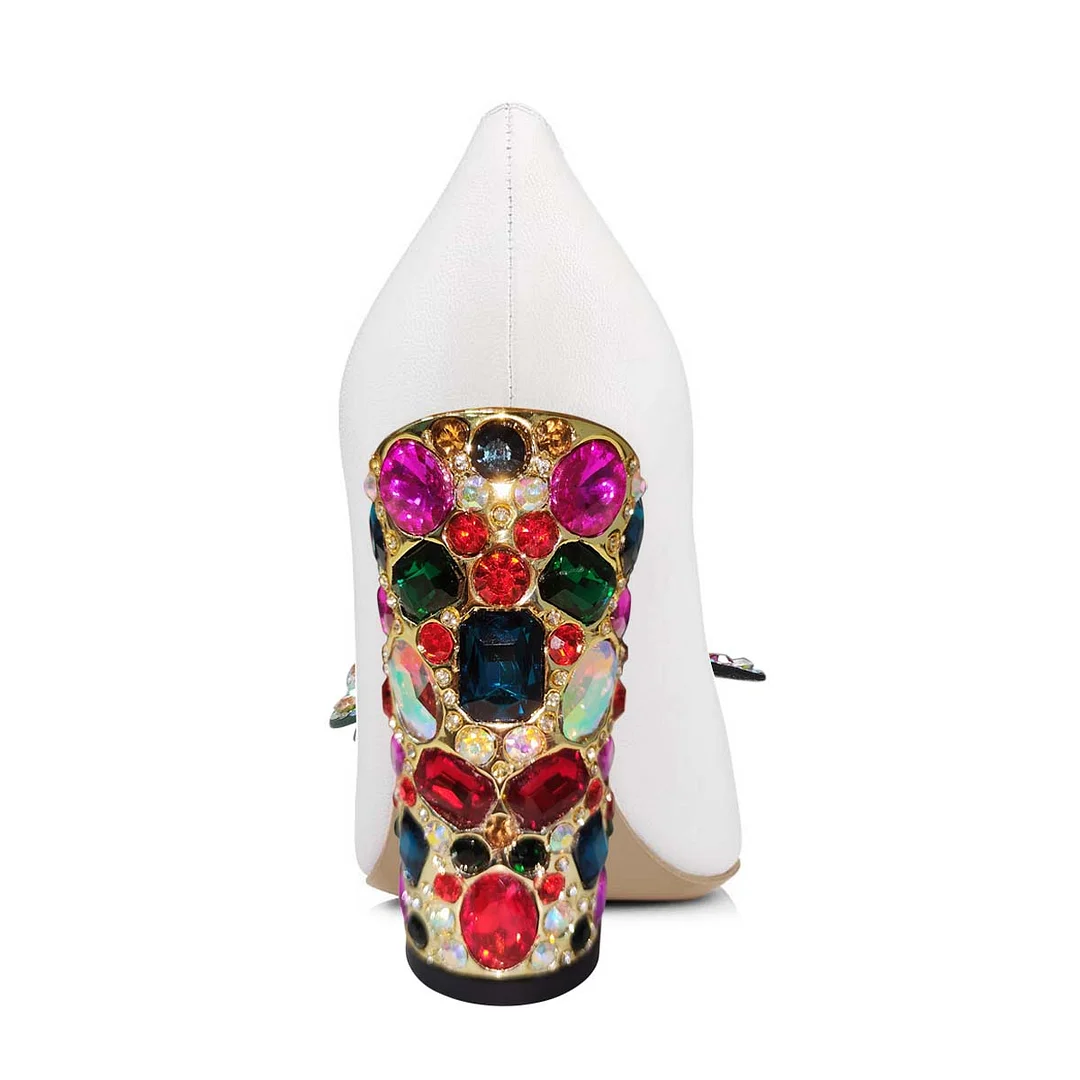 Vegan Leather Butterfly Pointed Toe Rhinestone White Pumps
