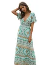 Ethnic Printed Short Sleeve Deep V-Neck Maxi Dress
