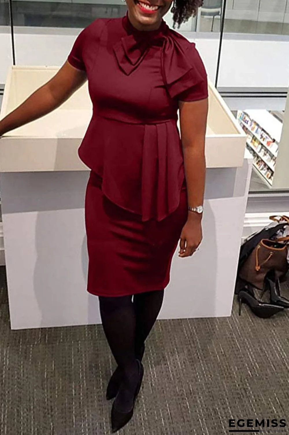Burgundy Casual Solid Patchwork Asymmetrical With Bow O Neck One Step Skirt Dresses | EGEMISS