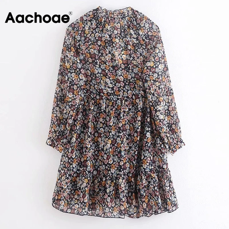 Aachoae Summer Boho Floral Print Dress Women Lantern Long Sleeve Pleated Dresses V Neck Beach Mini Dress Female Roupa Feminina