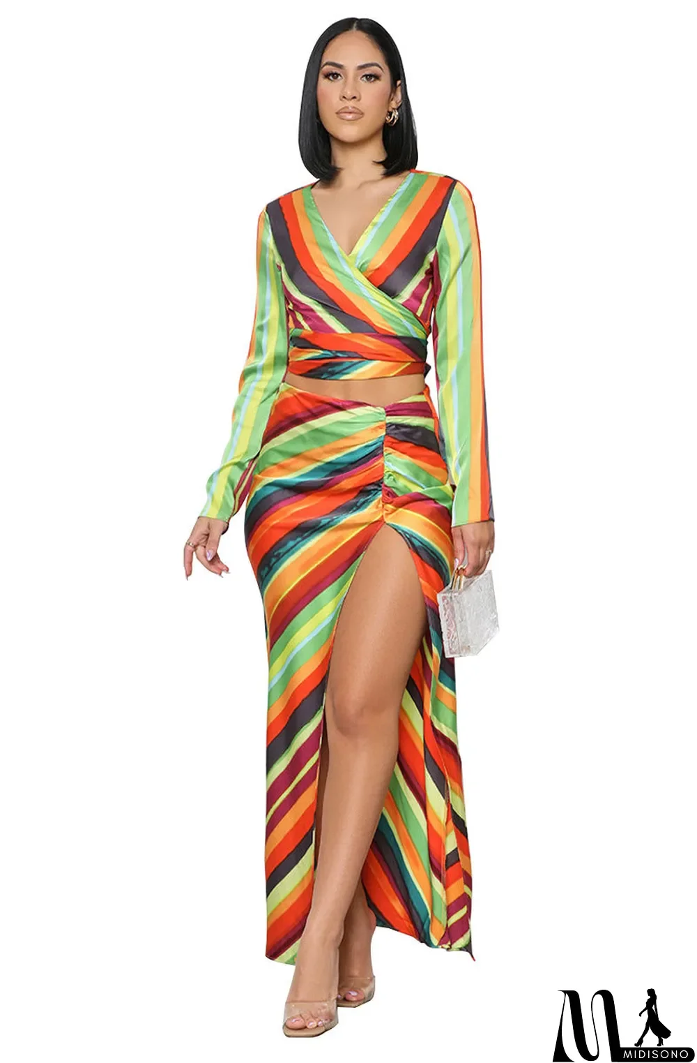 MidiSono - Women'S Fashion Stripe Print Long Sleeve Crop Top Slit Skirt Casual Two Piece Set