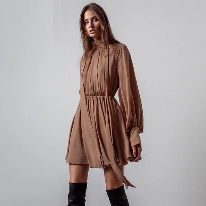 Chiffon High Waist Sexy Dress For Women Elegant Fashion British Style Bow Knot Lace Up Regular A-LINE Office Lady Dresses Spring