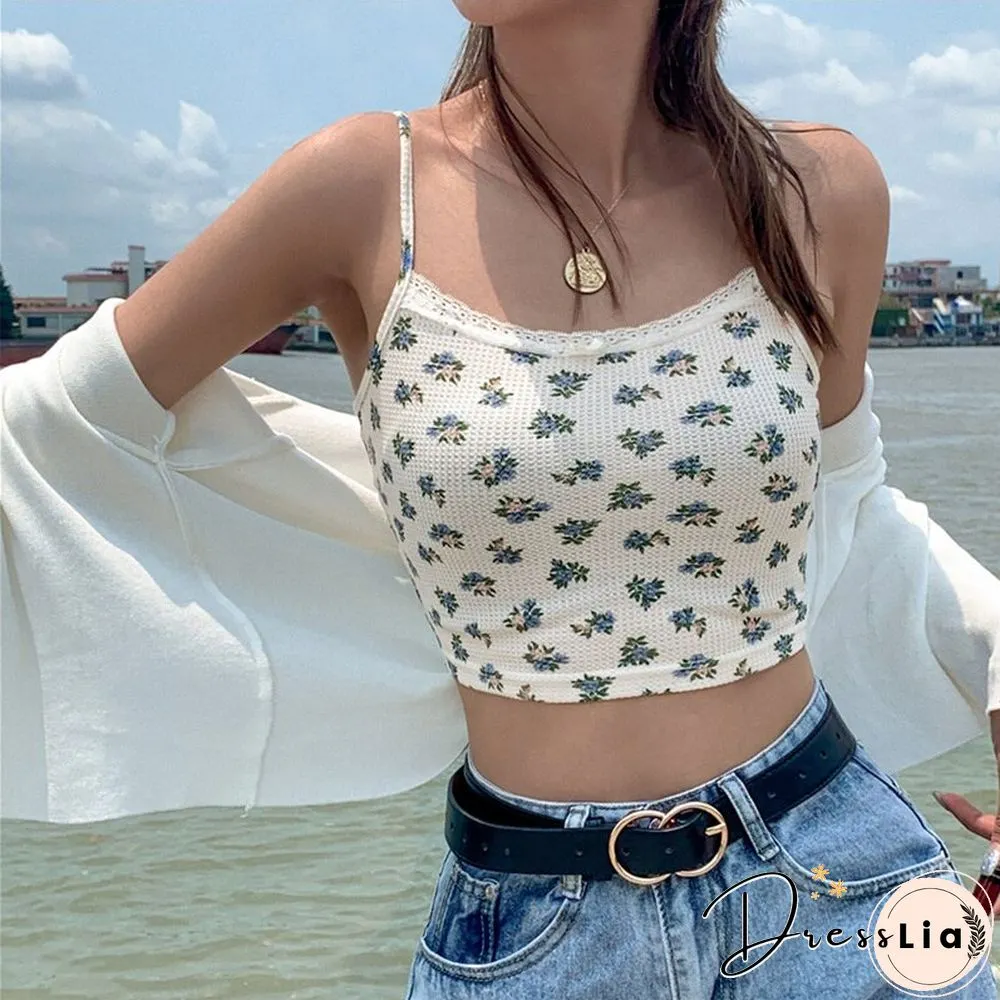 Womens Floral Camisole Y2k Lace Slim Backless Sleeveless Crop tops Kawaii Korean Fashion
