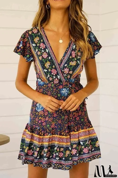MidiSono - Floral Print Short Sleeve Mini Dress