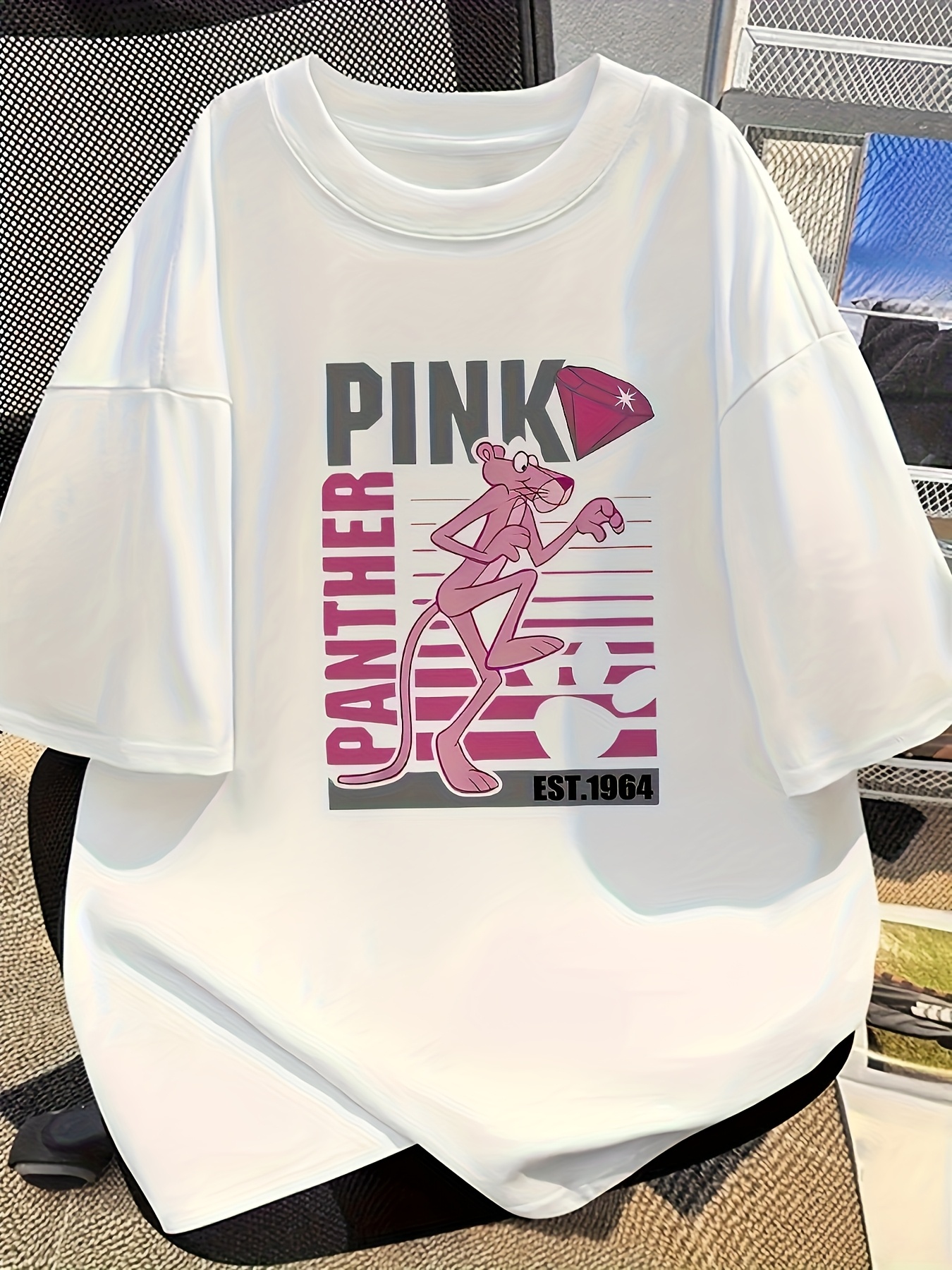 Women's Y2k Retro Cartoon Panther Graphic T-Shirt - Oversized Slim Fit Short Sleeve Tee With Pink & Black Print, Breathable Summer Casual Top, Machine Washable, Cute T Shirt | IFYHOME