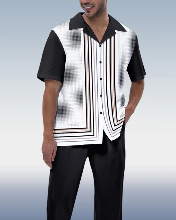 Suitmens Men's Black Horizontal Stripe Short Sleeve Walking Suit