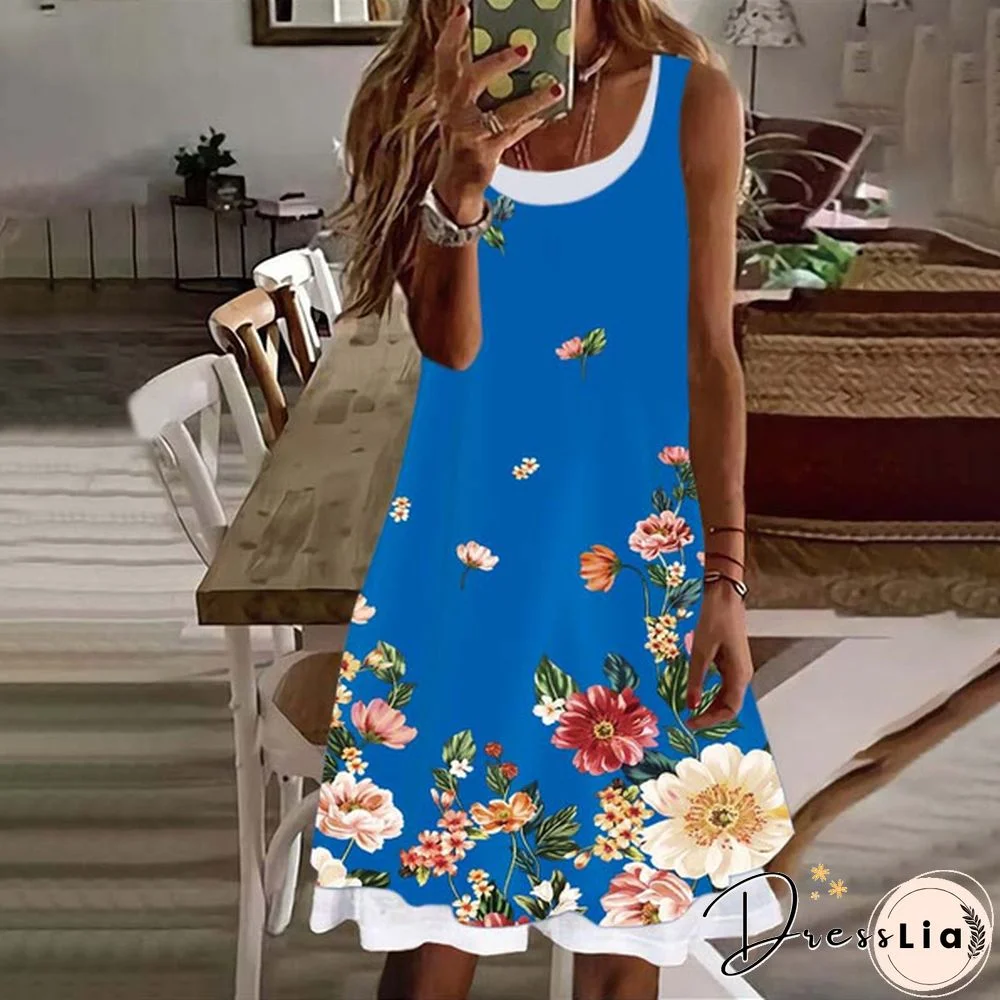 Women's Dress Summer New Fashion Women's Flowers Fake Two Pieces Printed Sleeveless Casual Soft and Comfortable Plus Size Dress S-5XL
