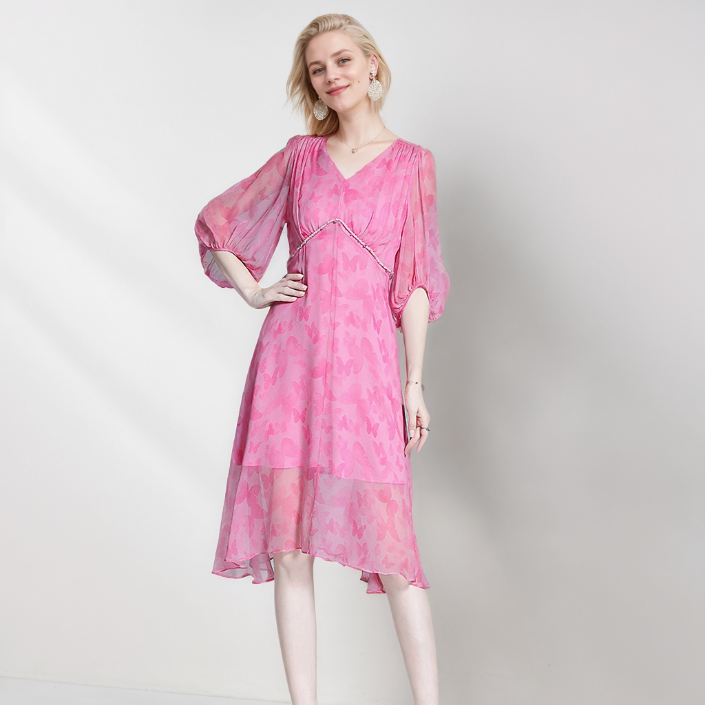 Pink Silk Dress Butterfly Print Beach Style REAL SILK LIFE
