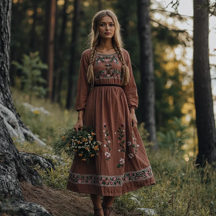 Vintage Plant Floral Embroidered Waist Closing Cotton Linen Dress