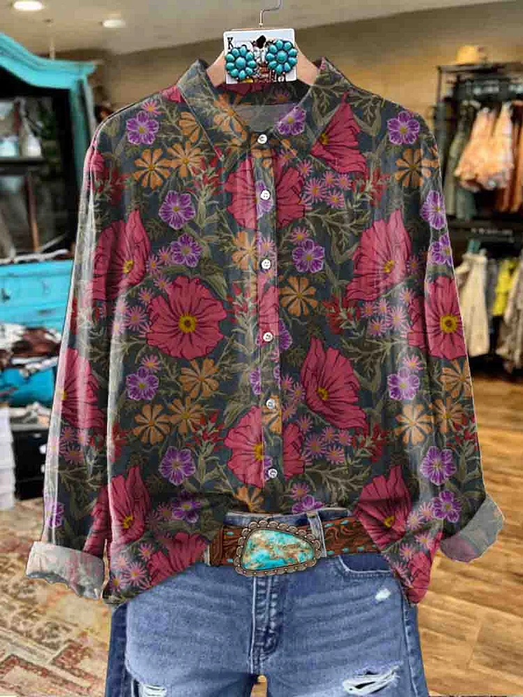 Women's Vintage Floral Print Casual Cotton Shirt