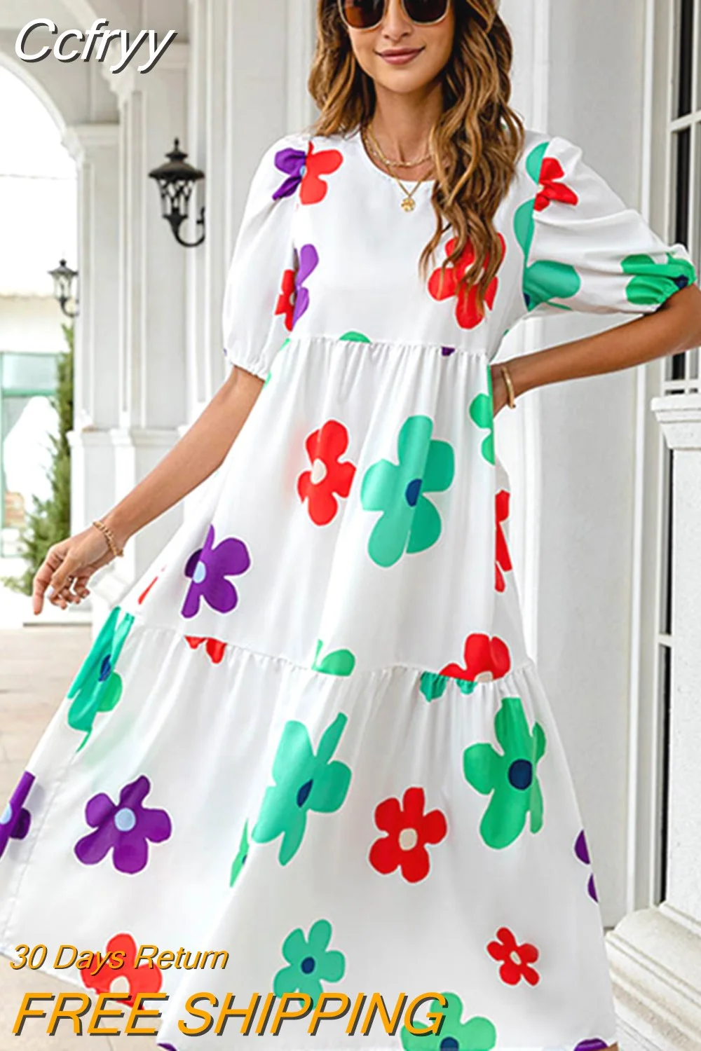 huibahe Floral Print Long Dress For Women Summer Short Sleeve Loose Casual Boho Holiday Beach Midi Dresses Women's Vestidos 2023