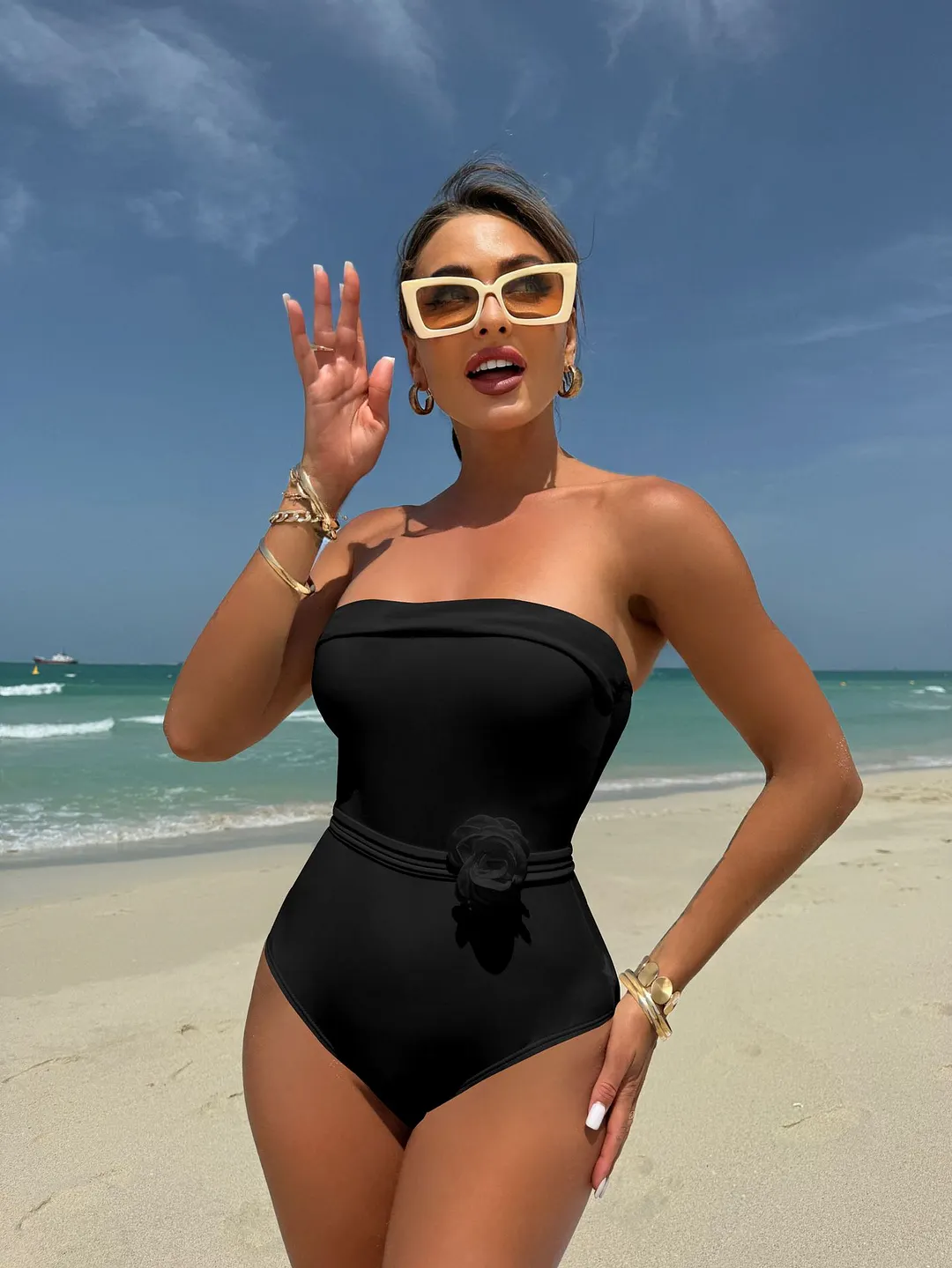 Brownm 2024 New One-Clothing Multi-Clothed Drawstring With Small Flower Swimsuit Bikini Bikini