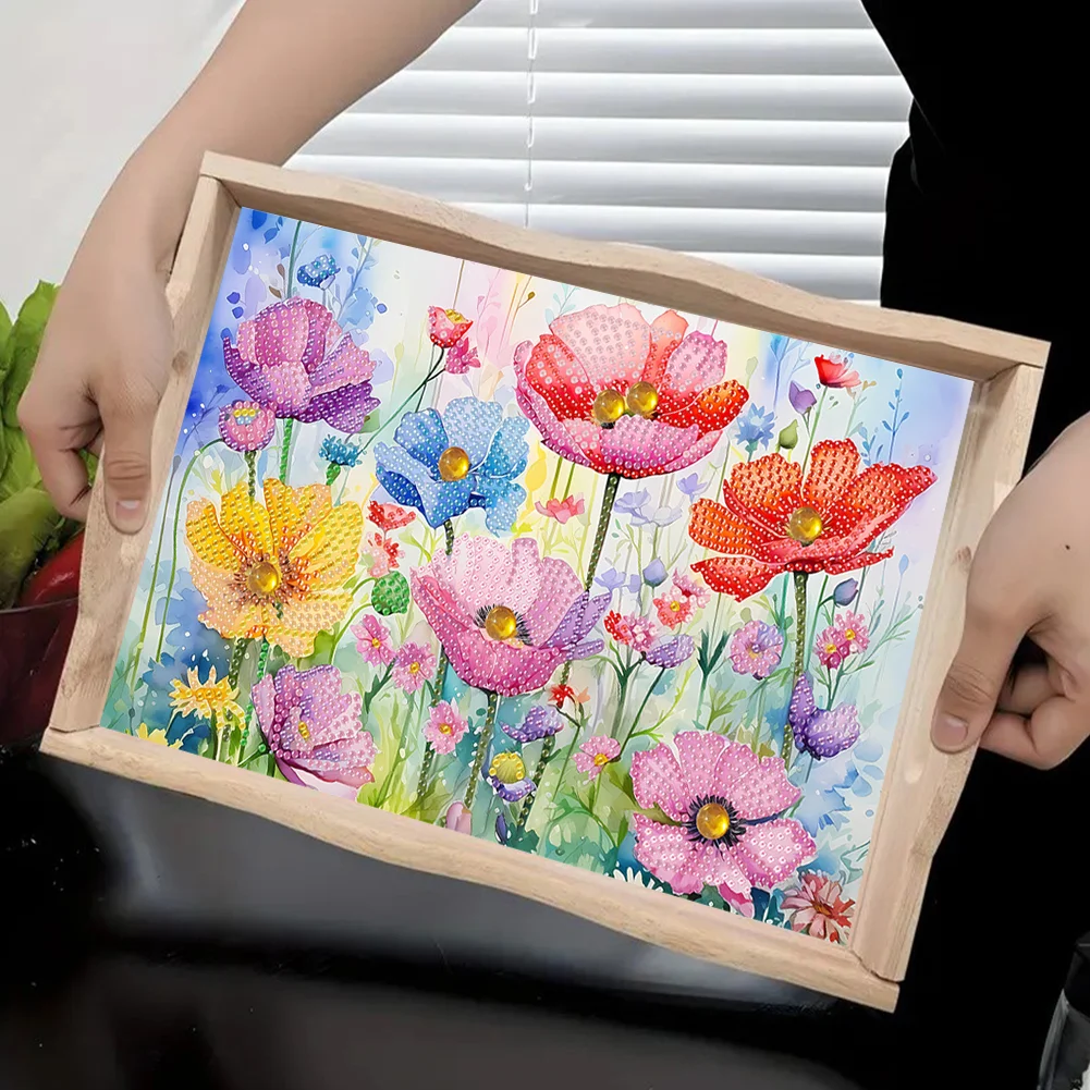 5D DIY Flower Diamond Painting Wooden Serving Tray with Handle for Desk