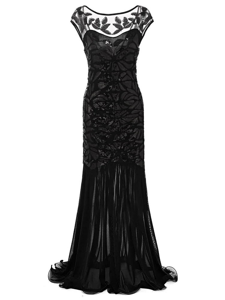 Black 1920s Sequin Maxi Flapper Dress SP16684