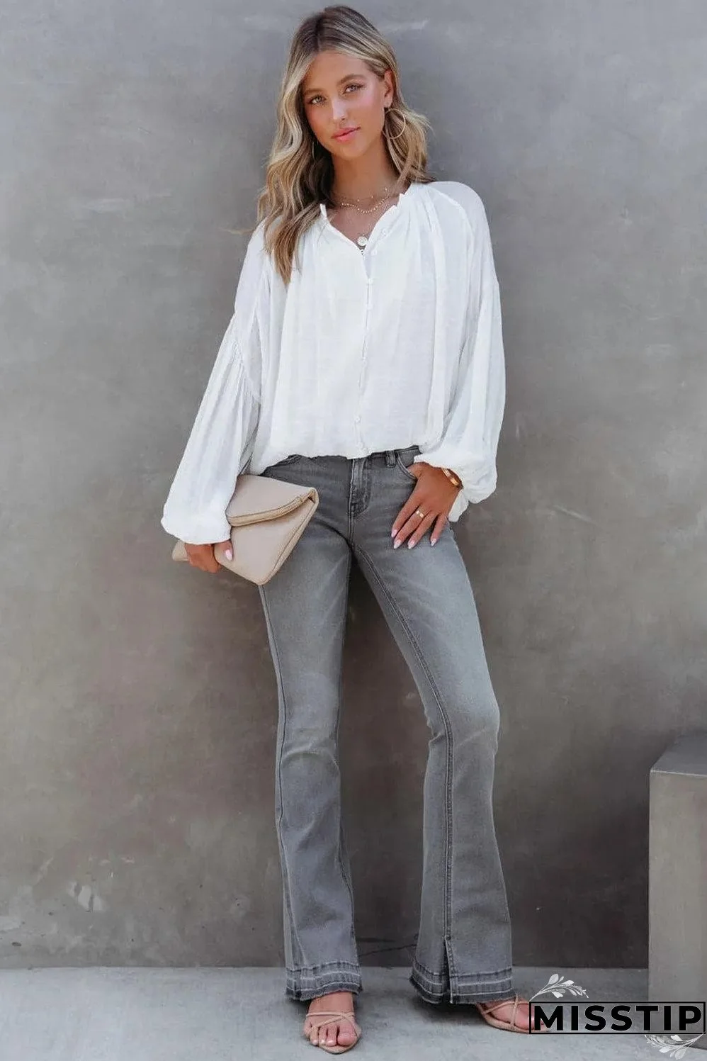 White Solid Color V Neck Balloon Sleeve Shirt