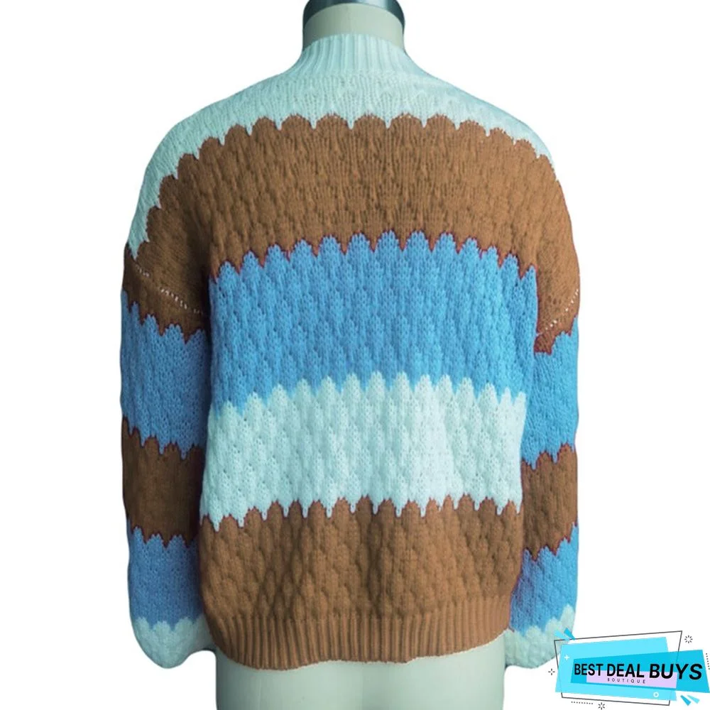 Women's Casual Loose Color Matching Pullover Bubble Sleeve Sweater