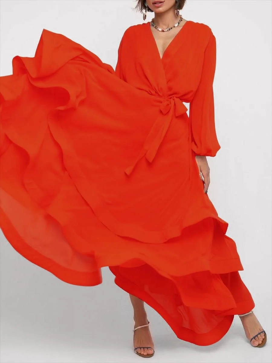 V-neck solid color long-sleeved dress