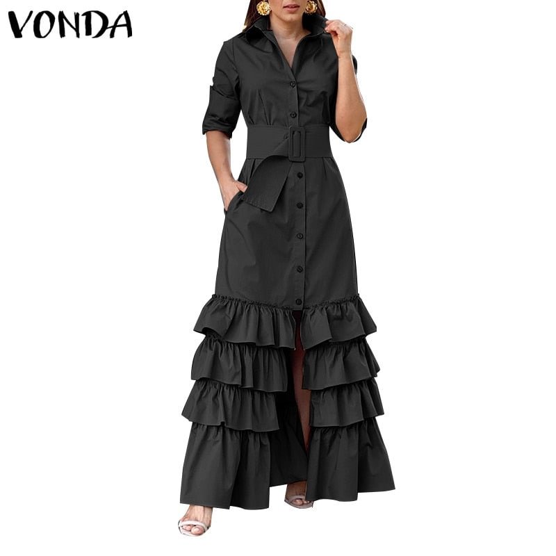 VONDA Maxi Dress 2022 Autumn Women Denim Vintage Swing Party Long Sundress Casual Long Sleeve Lapel Party Ruffled Vestido Robe