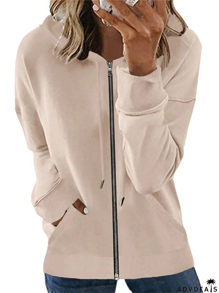 Casual Long Sleeve Solid Color Zipper Hoodies