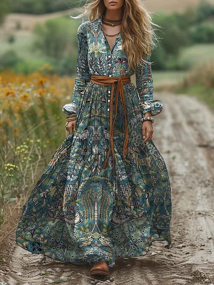 Women Lapel Vintage Ethnic Print Pocket Cotton A-Line Dress