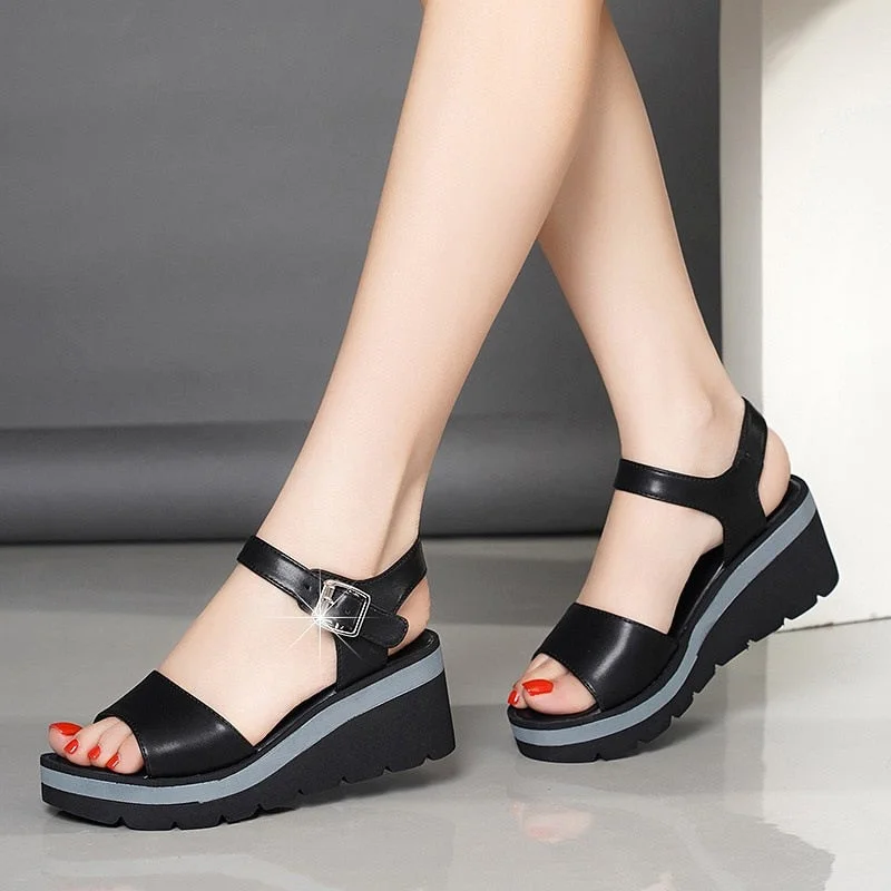2020 Summer Shoes Women Wedges Heels Sandals Young Ladies Casual Sandals Open toe Black White Shoes Wedge Heel 6cm
